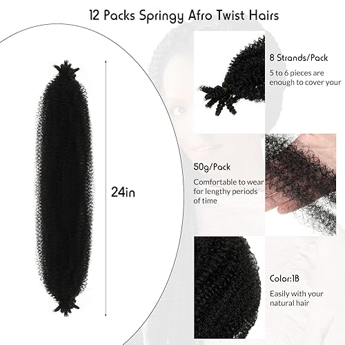Miniatura 2 de Zeyune 12 piezas de cabello elástico afro Twist de 24 pulgadas, trenzas de ganchillo estiradas de resorte, cabello sintético suave de ganchillo,