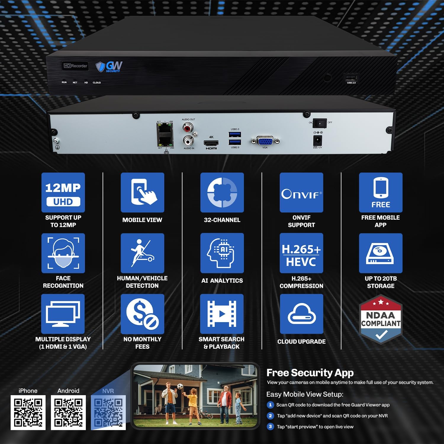 GW Security 32 Channel 12MP NVR 4K AI Face Recognition Human & Vehicle Detection Security Camera System with 32 UHD 8MP 2160P PoE Microphone Outdoor/Indoor Weatherproof IP Security Cameras (White)