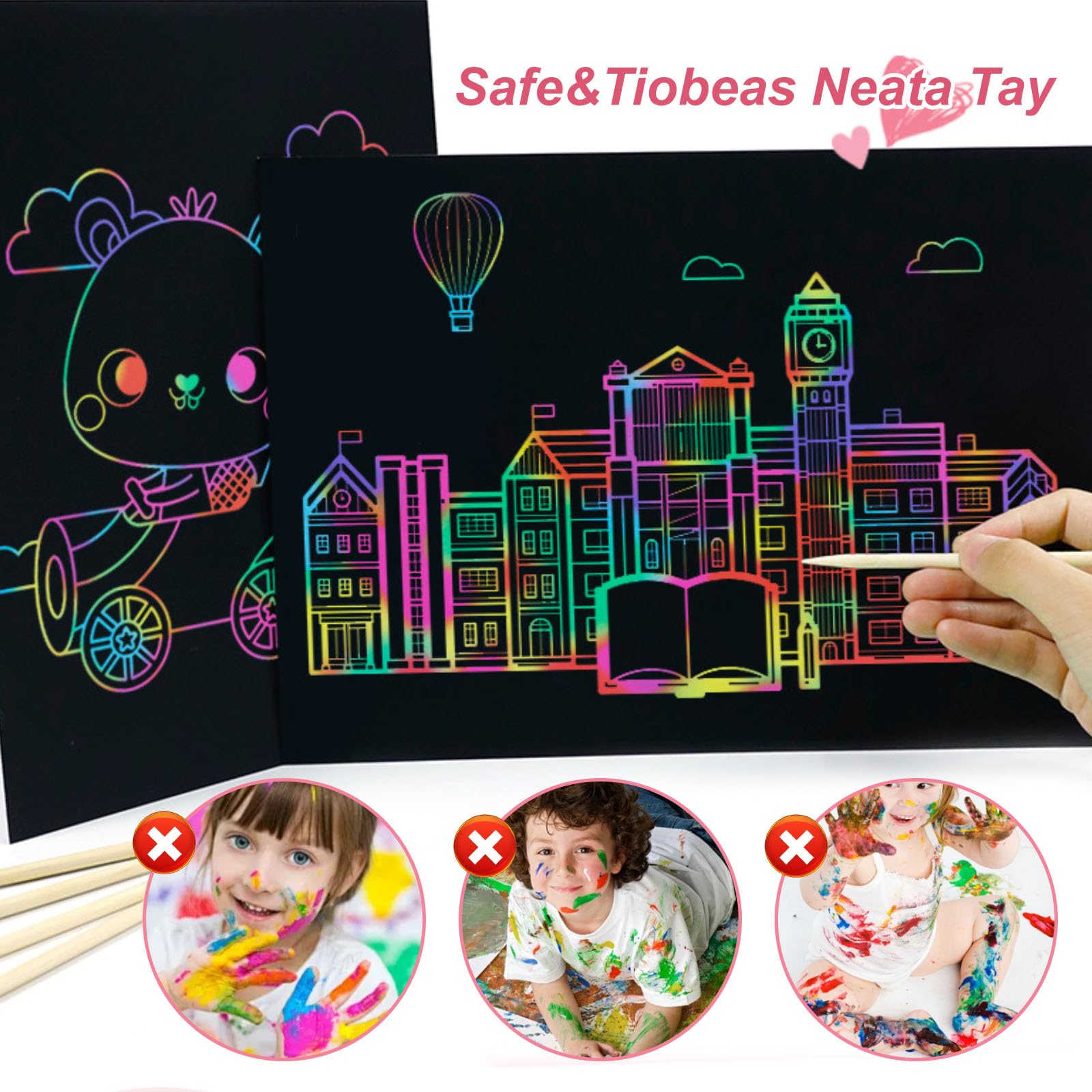 Set de bloc de dibujo para niños de 50 hojas, scratch art | Incluye lápices de madera y plantillas, scratch art paper | Ideal para que los niños dibujen y hagan manualidades DIY