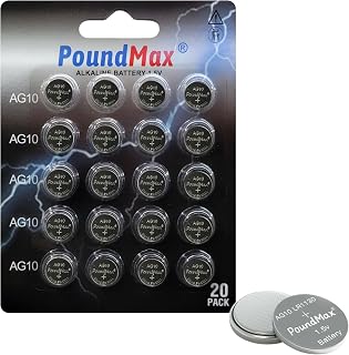 PoundMax AG10 LR1130 Alkaline Coin Cell Battery 1.5V Long-Lasting Reliable Power for Watches, Calculators, Electronic Toys - Leak-Proof Design, Long Shelf Life L1131 G10 LR54 V10GA 189 389 (20 Pack)