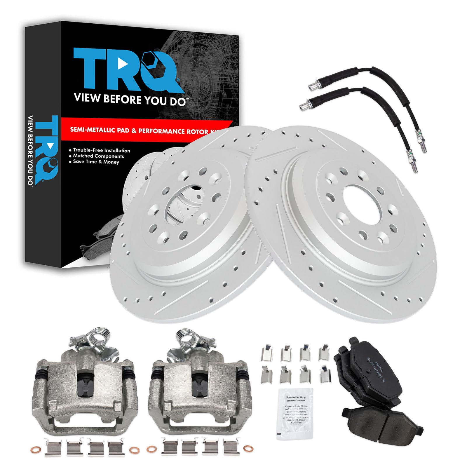 TRQ Performance Rear Brake Pad and Rotor Set Semi Metallic Slotted Drilled G Coated 330mm Rotors Calipers Compatible with 2015-2018 Ford Flex 2015-2018 Lincoln MKT
