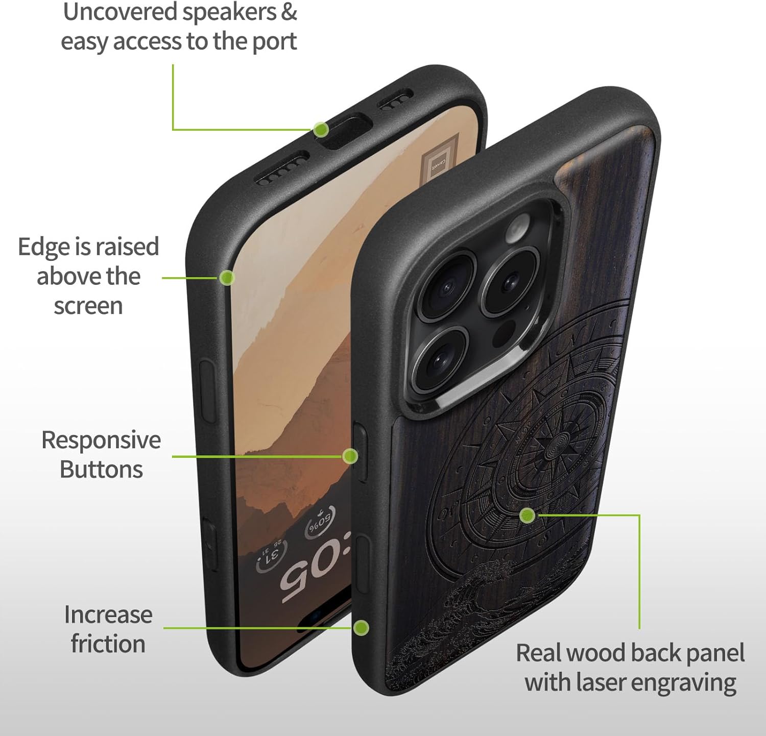 Carveit Magnetic Wooden Case for iPhone 16 Pro Case, Wood Artisan Engraved & Black Soft TPU Shockproof Cover, Compatible with MagSafe Wireless Chargers (Wave Compass) Blackwood