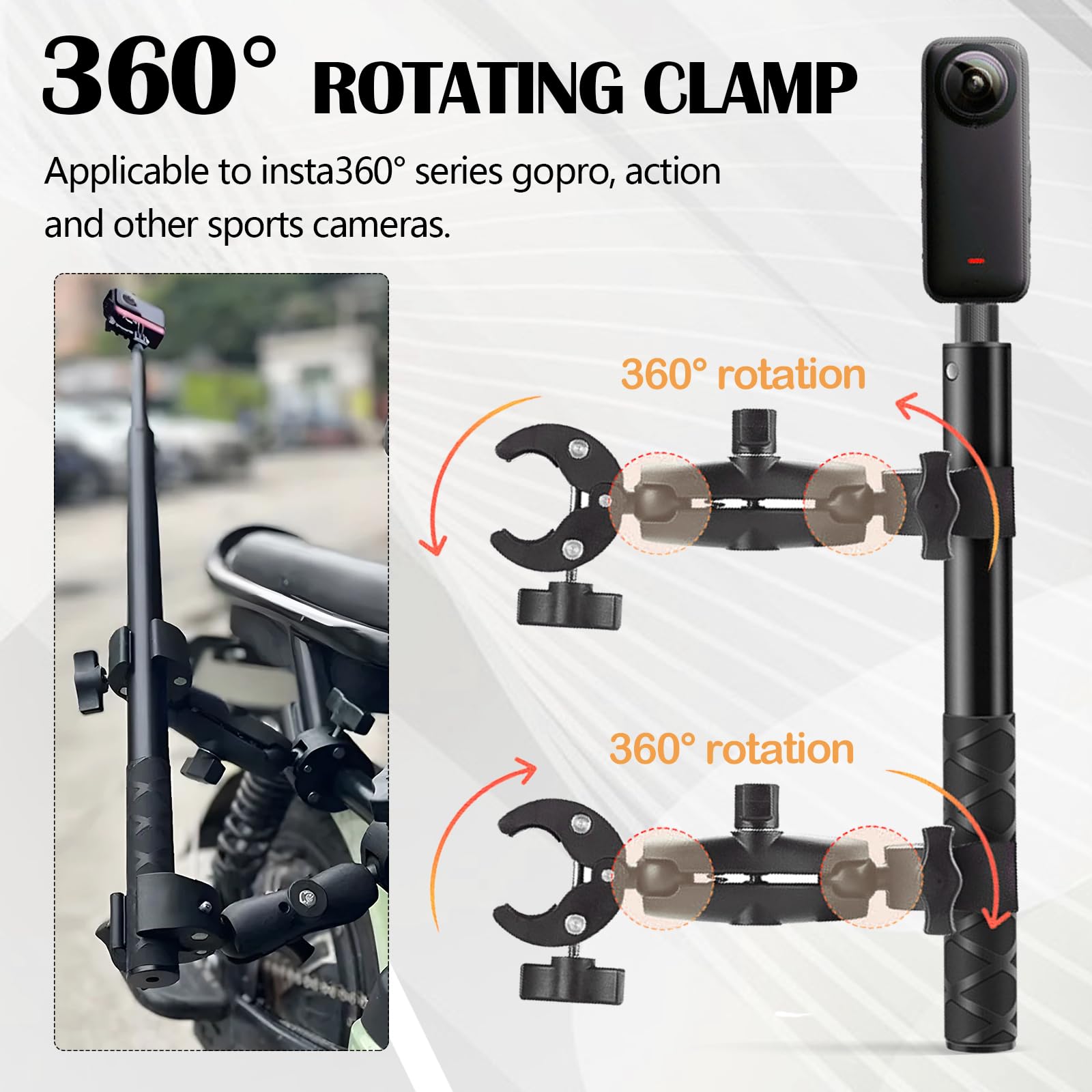 Soporte para Insta360 x4 Cámara Acción en Motocicleta, Accesorios Kit para Insta360 X4 X3 X2 con Rotación de 360 ​​Grados, Doble Abrazadera y Doble Estabilidad, Palo Selfie para Manillar Motocicleta