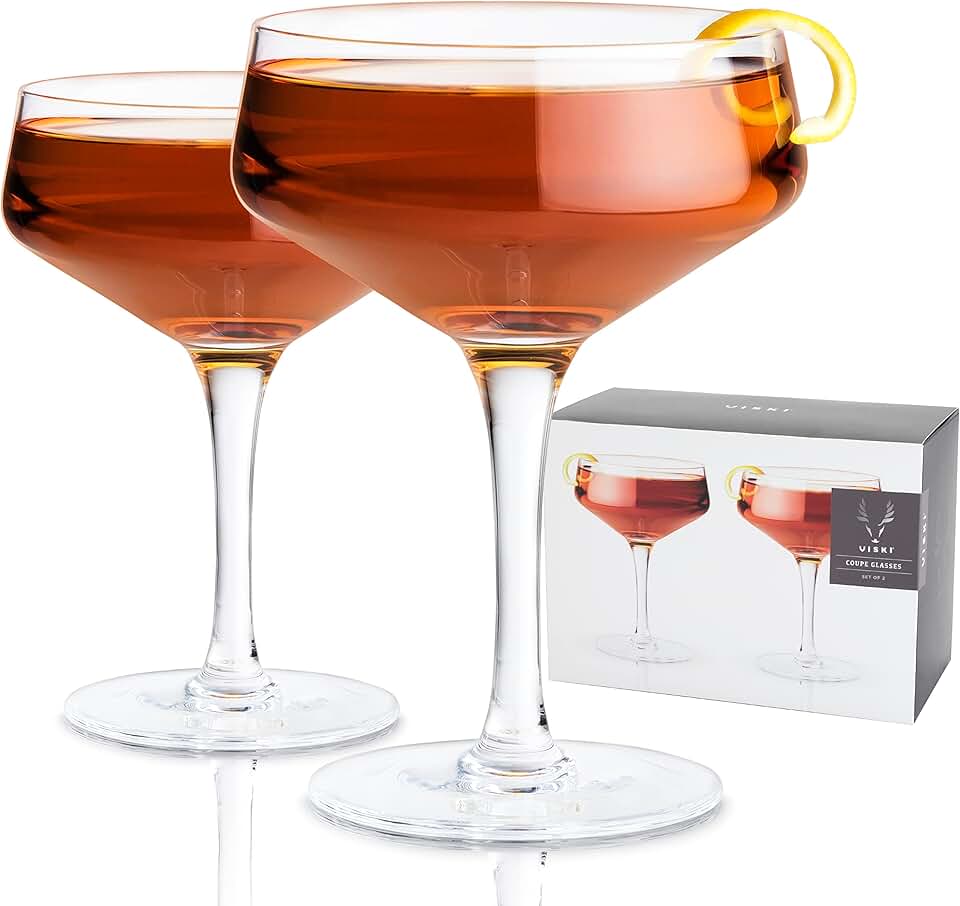 Viski Raye Angled Stemmed Crystal Coupe Cocktail Glasses, Champagne Coupe Glasses, Drinkware Set, Espresso Martini Glasses, Set of 2, 7oz