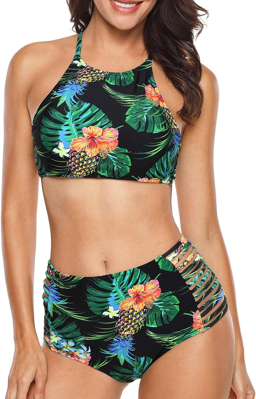 EasyMy Womens Floral Embroidery Bikini Crop Top Banded Swimwear