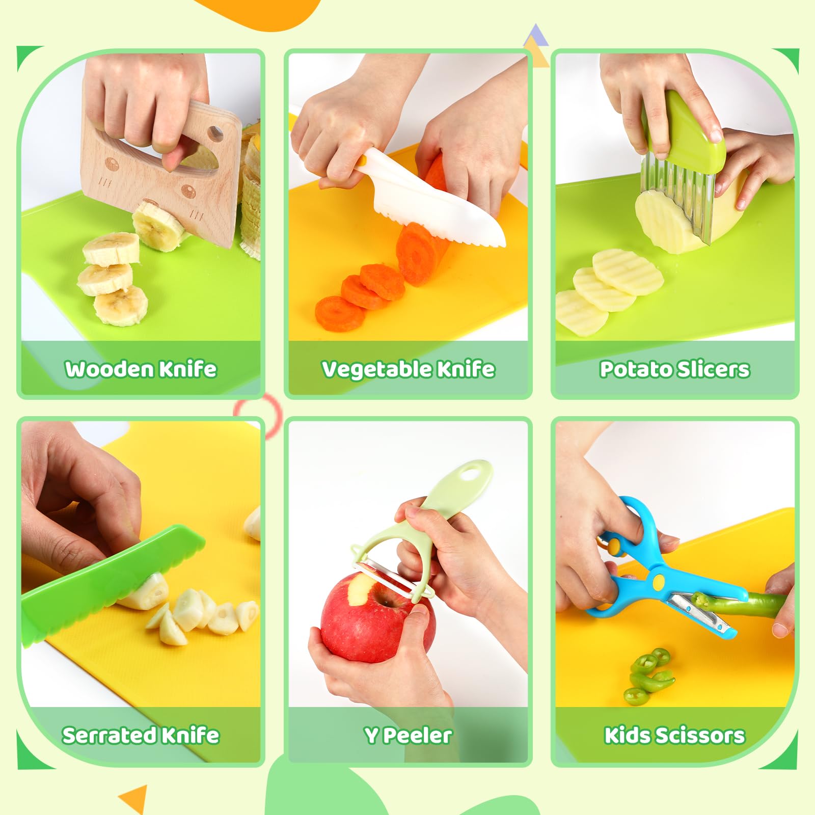 SOSALUK Set Cucina Per Bambini 26 Pezzi - Coltelli Montessori Sicuri, Tagliere In Legno E Utensili Per Piccoli Chef Dai 2 Anni