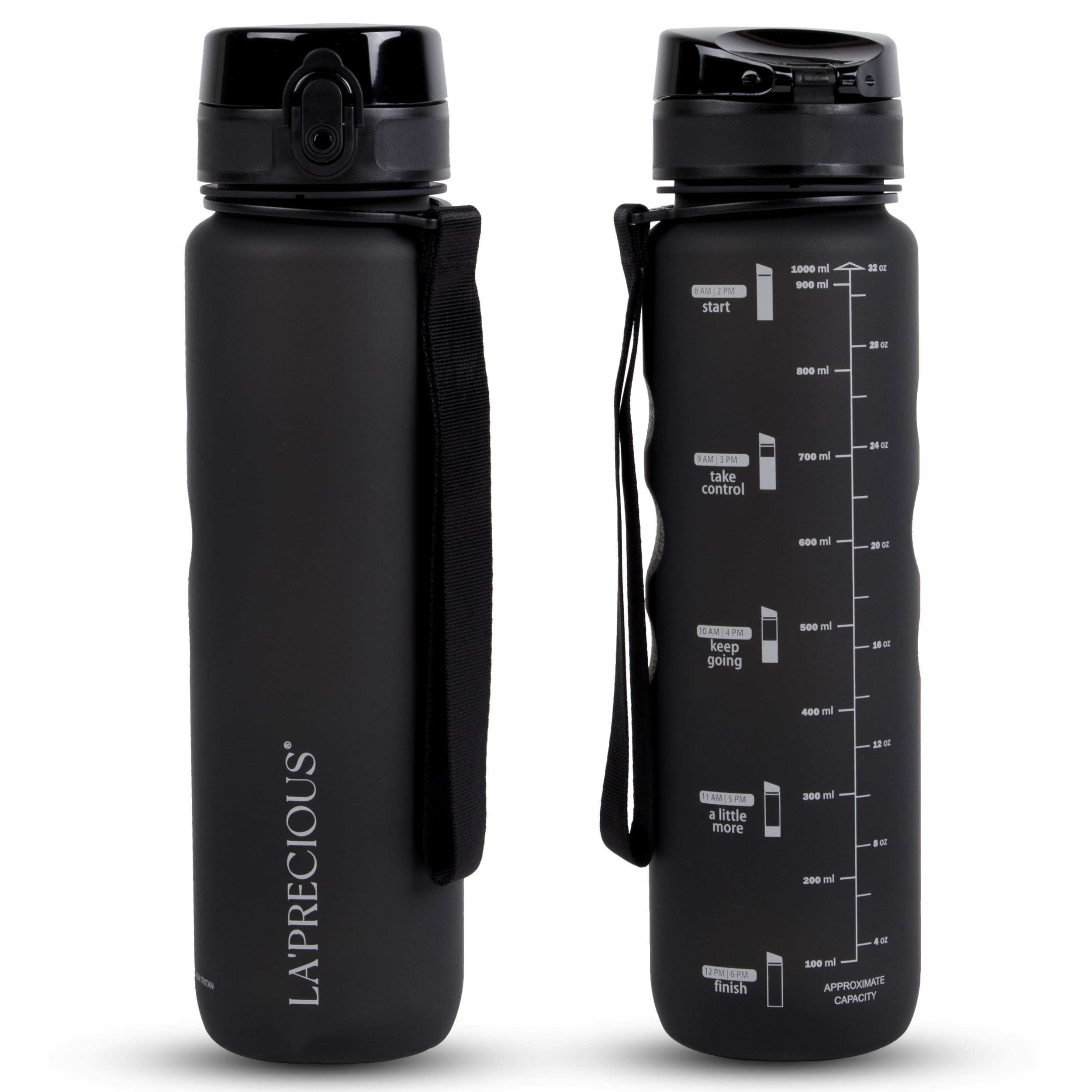 LA' PRECIOUS Water Bottle for Adults,1 liter-USA Tritan Material, Non-Toxic BPA Free, Fast Flow, Flip Top Leak Proof Lid. (Midnight Black (Grip))