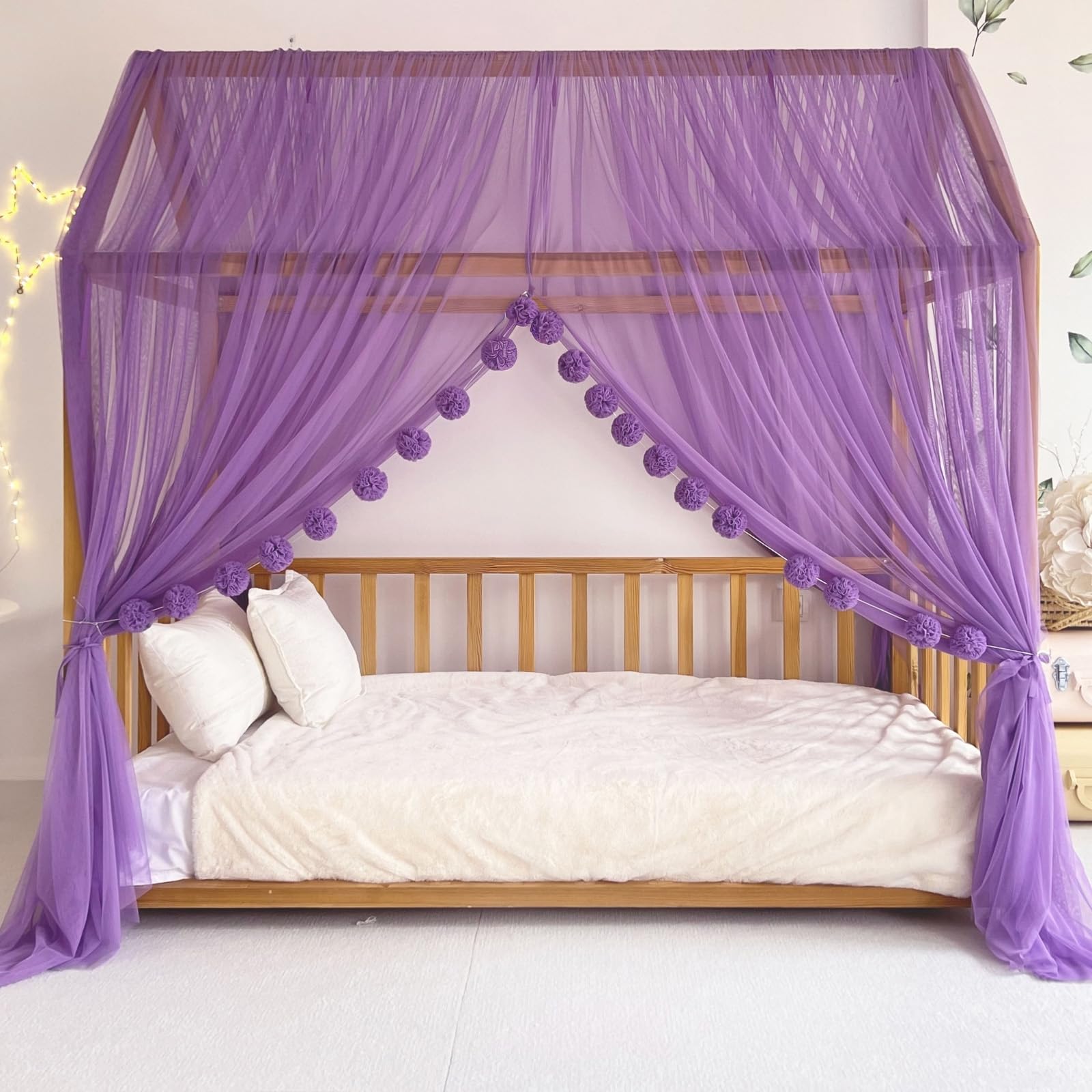 Montessori Betthimmel für Kinderzimmer für Mädchen und Jungen, elegante Tüll-Kinderzimmer-Dekoration, Kleinkind-Bettvorhang mit weichem Drapierung (lila, 400 cm, kein Zubehör)