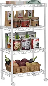 Small 4 Tier Shelves Storage Wire Shelving Unit Metal Shelf Adjustable Organizers Storage Shelving with Wheels for Bathroom Laundry Room Kitchen Pantry12”D x 18”W x 44.8”H White