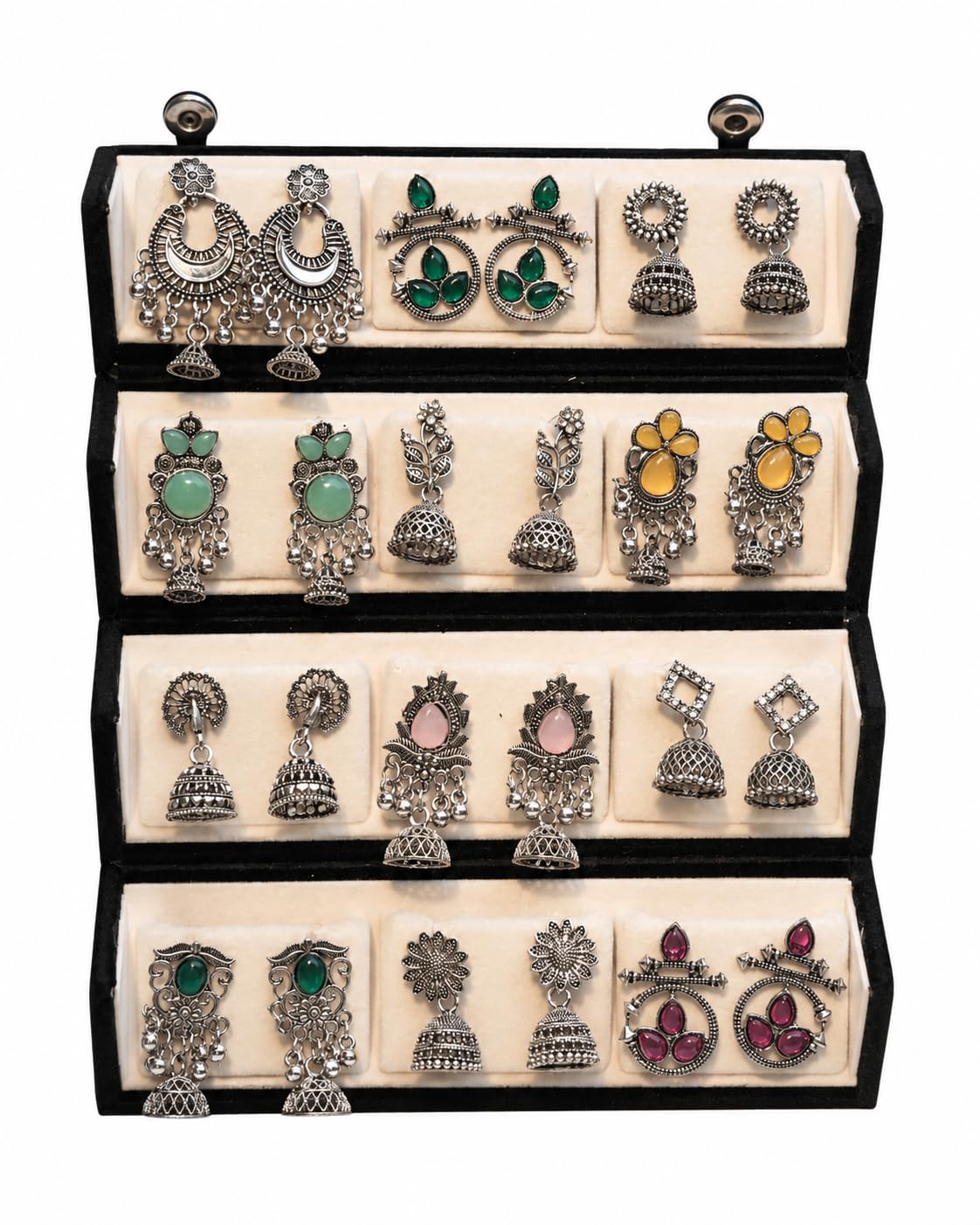 HEERANGAN Oxidised Silver Plated Earrings Combo Set With Box for Women & Girls | 12 Pair Traditional Jhumka Chandbali Stone Studded Boho Ethnic Earrings Collection | Daily Wear Party Wedding Jewellery