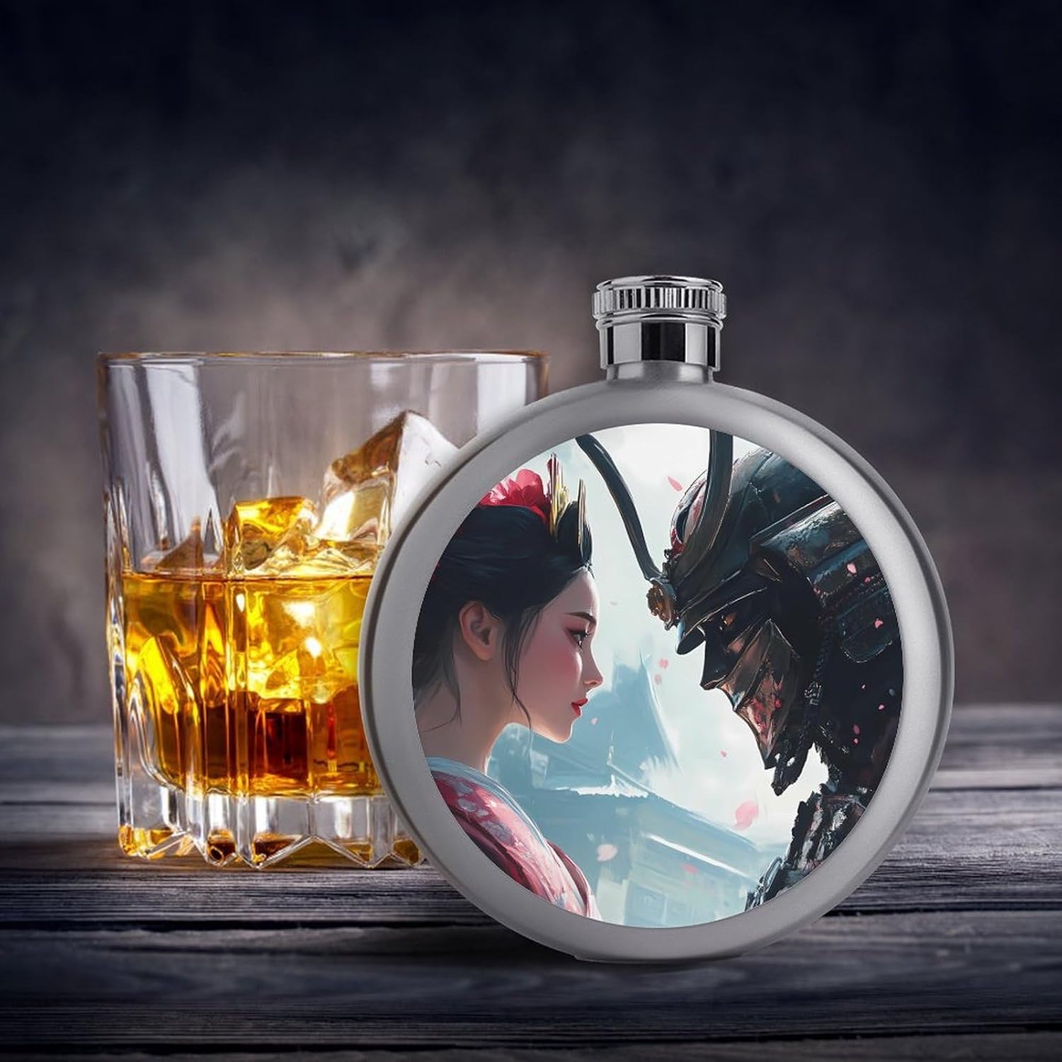 Geisha And An Armored Samurai Hip Flask for Men 5 Oz Stainless Steel Liquor Container Mini Leakproof Water Bottle