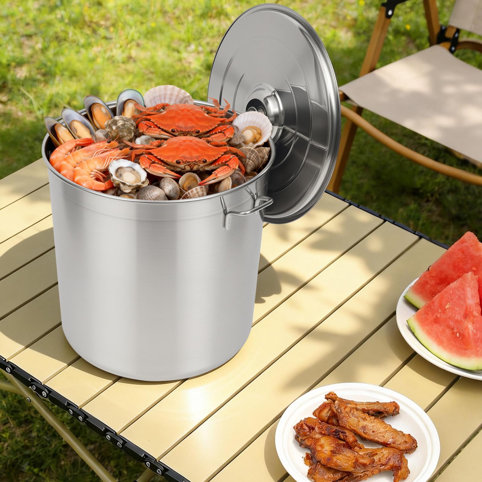 Pentola per zuppa in acciaio inox con coperchio e inserto a vapore, pentola a induzione da 50 l, in acciaio inox, per uso commerciale, grande cucina, campeggio