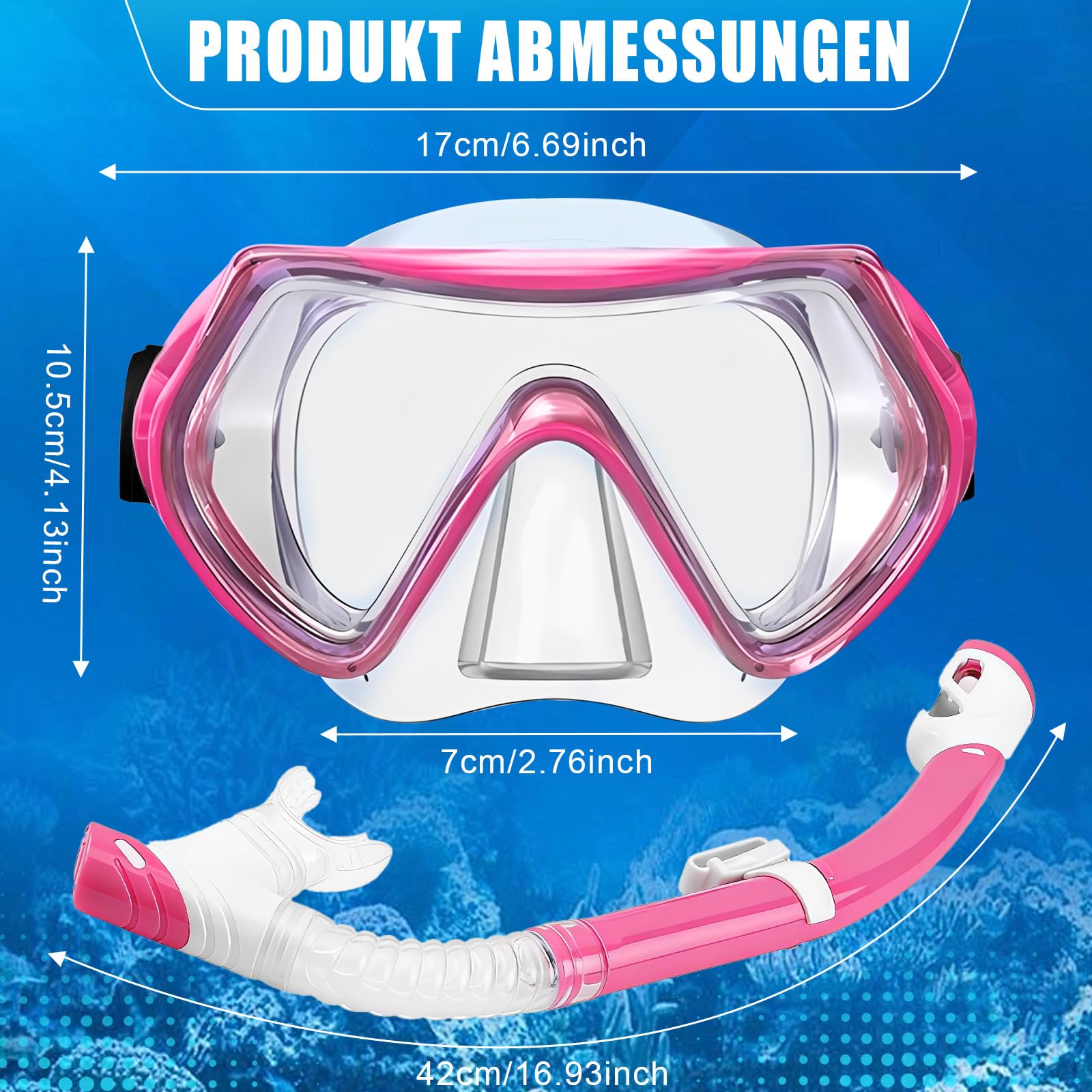Set da snorkeling, occhiali da sub con boccaglio, maschera subacquea in silicone, set da snorkeling, occhiali da nuoto elastici regolabili, maschera da snorkeling rosa