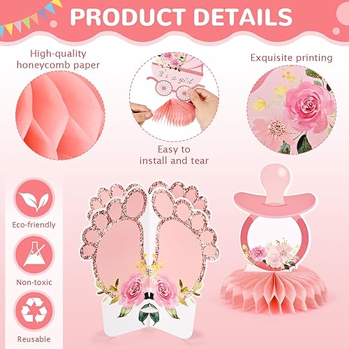 Miniatura 2 de 12 piezas de decoración floral de baby shower, centros de mesa de panal 3D para niñas, fiesta de revelación de género, elegante es una niña,