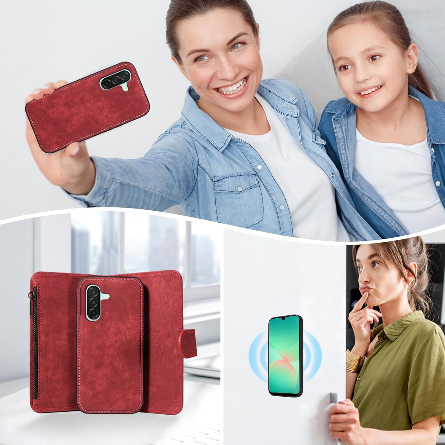 Phone Case for Samsung Galaxy A36 5G Zipper Wallet Magnetic Detachable Cell Cover with Tempered Glass Screen Protector Crossbody Lanyard Strap Flip Card Holder Slot A 36 36A LTE SM-A366U Women Red