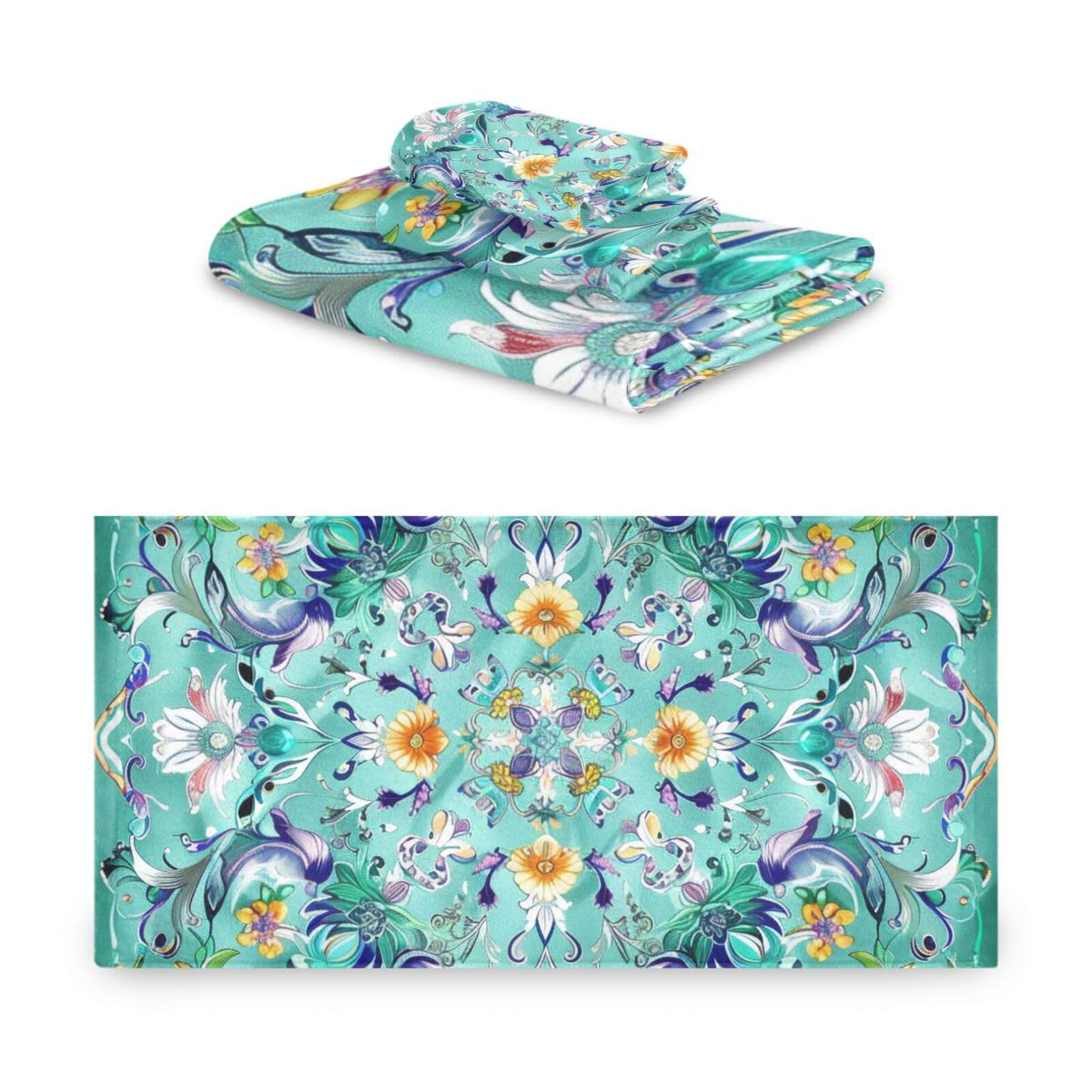 Styl boho kwiat kwiatowy zielony pomarańczowy od stóp do głów ręczniki do twarzy zestaw 3 sztuk, 1 ręcznik kąpielowy 1 ręcznik do rąk 1 myjka do kuchni łazienki jogi siłowni