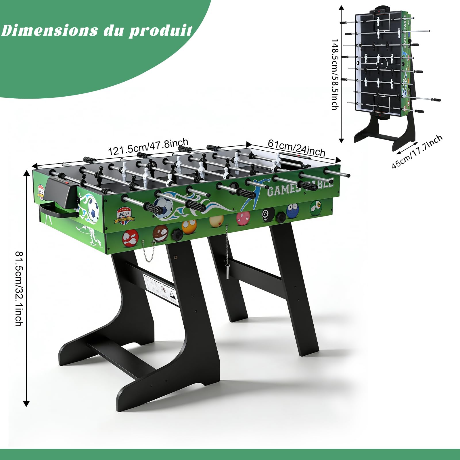 Table multijeux 4 en 1 - Babyfoot de 1,2 m/Air Hockey/Ping-Pong avec Accessoires/Billard Pliable - Idéal pour Une soirée Jeux en Famille en intérieur (103 x 58 x 73 cm).