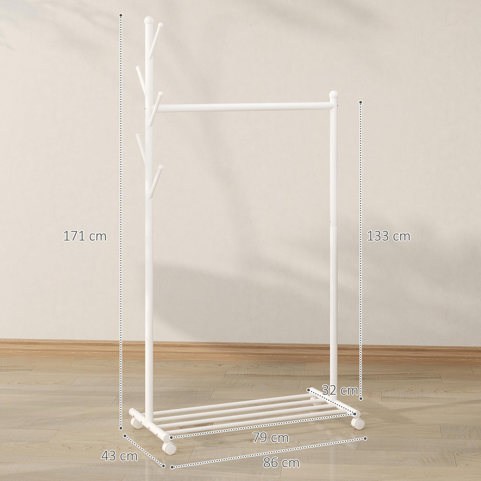 HOMCOM Burro Ropa con Ruedas, Perchero Burro Ropa con 5 Ganchos Barra para Colgar y Balda Inferior Perchero para Recibidor, Entrada, Dormitorio, 86x43x171 cm, Blanco