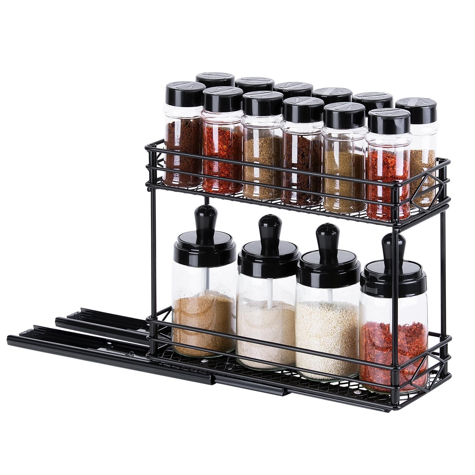 Estante Deslizante para Especias, Organizador de Frascos de Especias de 2 Niveles, Estante Deslizante para Condimentos, Ideal para Armarios de Cocina