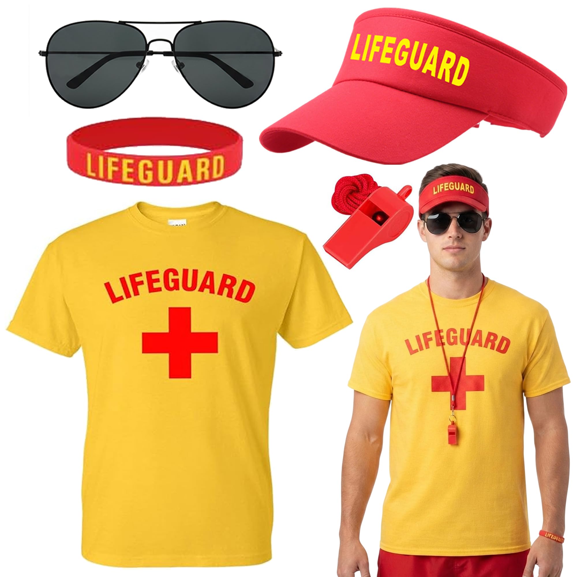 Lifeguard Costume Accessories Set for Men Beach Pool Party Cosplay (M)