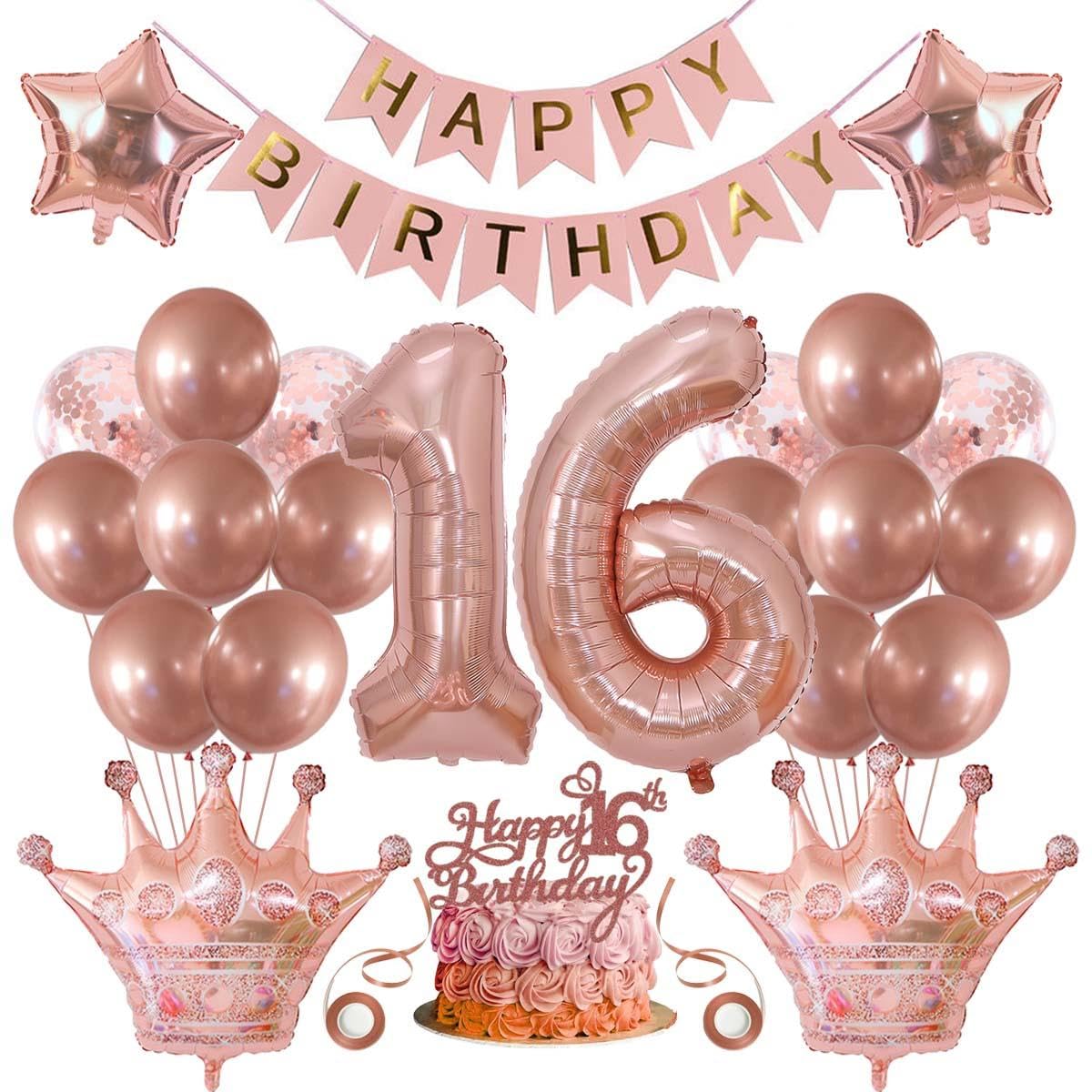 SNOWZAN 16th Birthday Decorations: Rose Gold Balloons, Cake Topper, Banner - Girl's 16th Birthday Party Pack