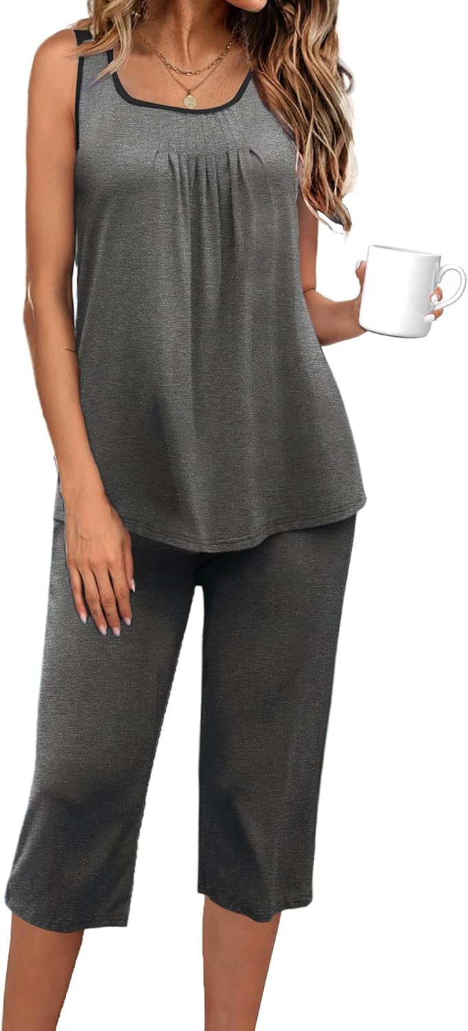 Ekouaer Capri Pajama Sets for Women 2 Piece Soft Cute Pjs Round Neck Sleeveless Lounge Set for Summer Sleepwear S-XXXL