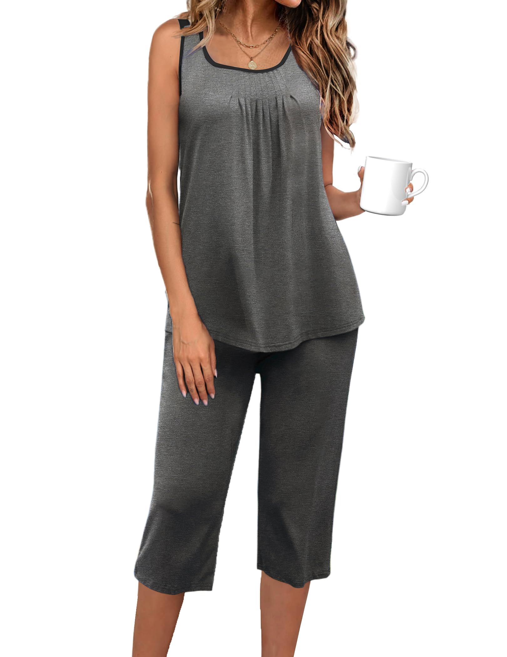 Ekouaer Capri Pajama Sets for Women 2 Piece Soft Cute Pjs Round Neck Sleeveless Lounge Set for Summer