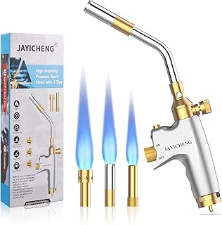 Propane Torch Head kit with 3 torch tips,High Intensity Trigger Mapp Start Gas Torch,JS12000 Flame Welding Torch with Self Ignition and Flame Lock for Light Welding,Soldering, Brazing,Heating,Thawing