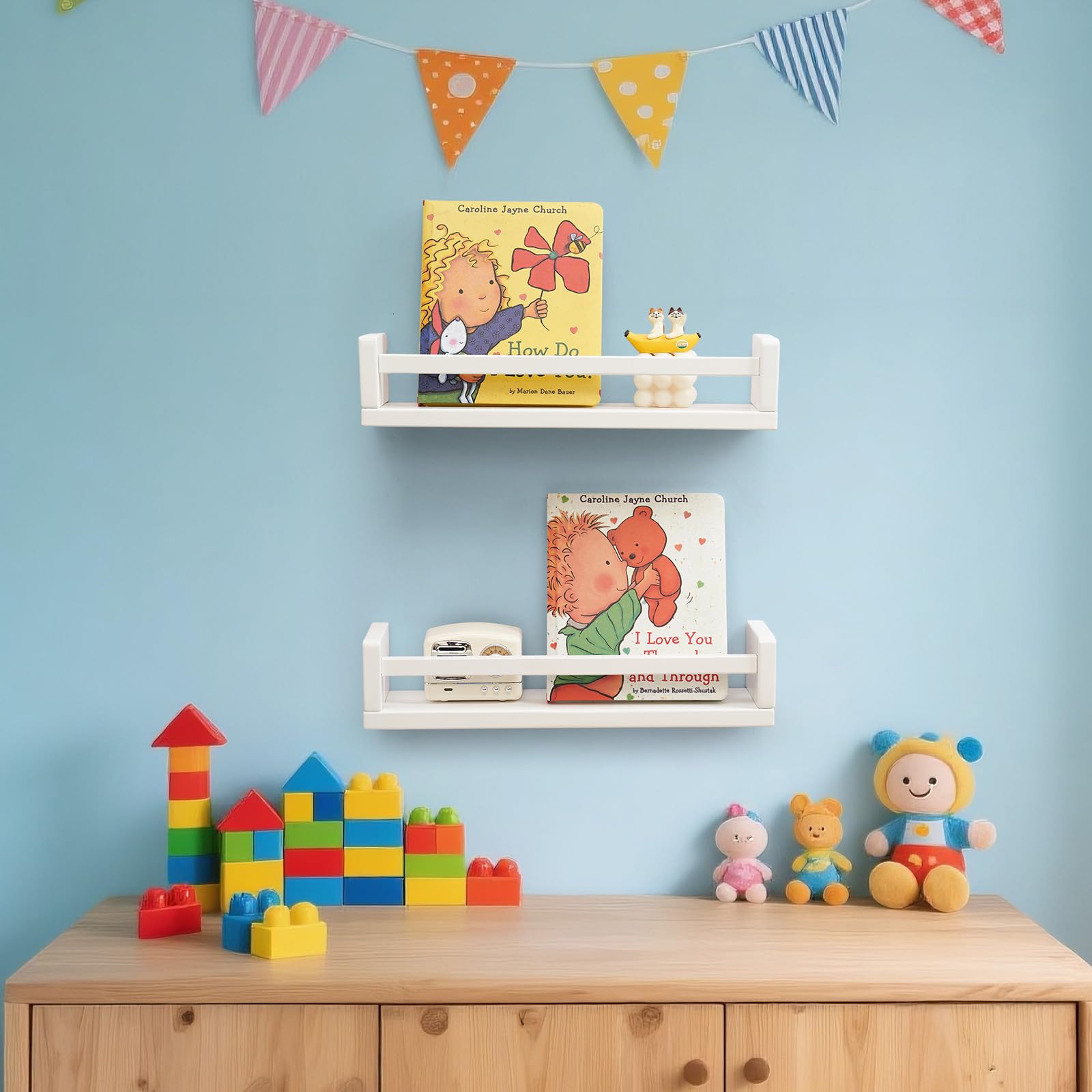 Bücherregal Kinder 2er set,40CM Weiß Nursery Bücherregale für Wand für Kinderzimmer, kleine Wand montiert Kiefer Holz Bücherregal für Baby Teen Jungen Mädchen Schlafzimmer Badezimmer Spielzeug