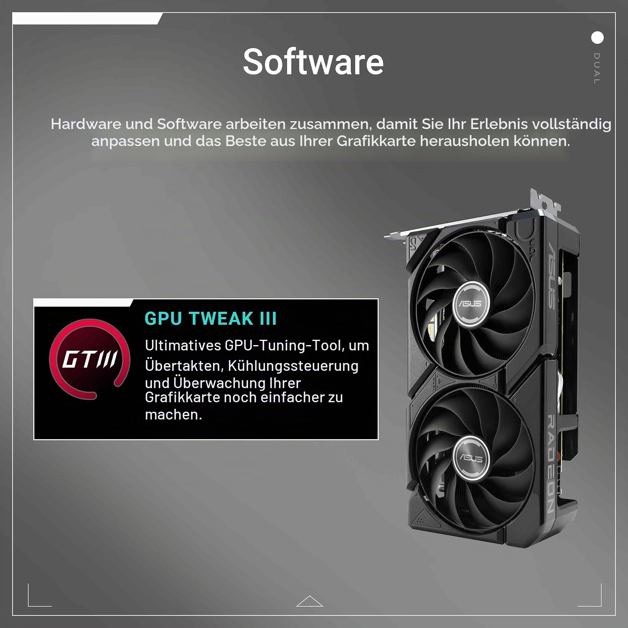 ASUS Dual Radeon RX 9060 XT 16GB GDDR6 Grafikkarte (PCIe 5.0, HDMI 2.1b, DisplayPort 2.1a, 2.5-Slot Design, Axial-Tech-Lüfterdesign, 0dB-Technologie und mehr)