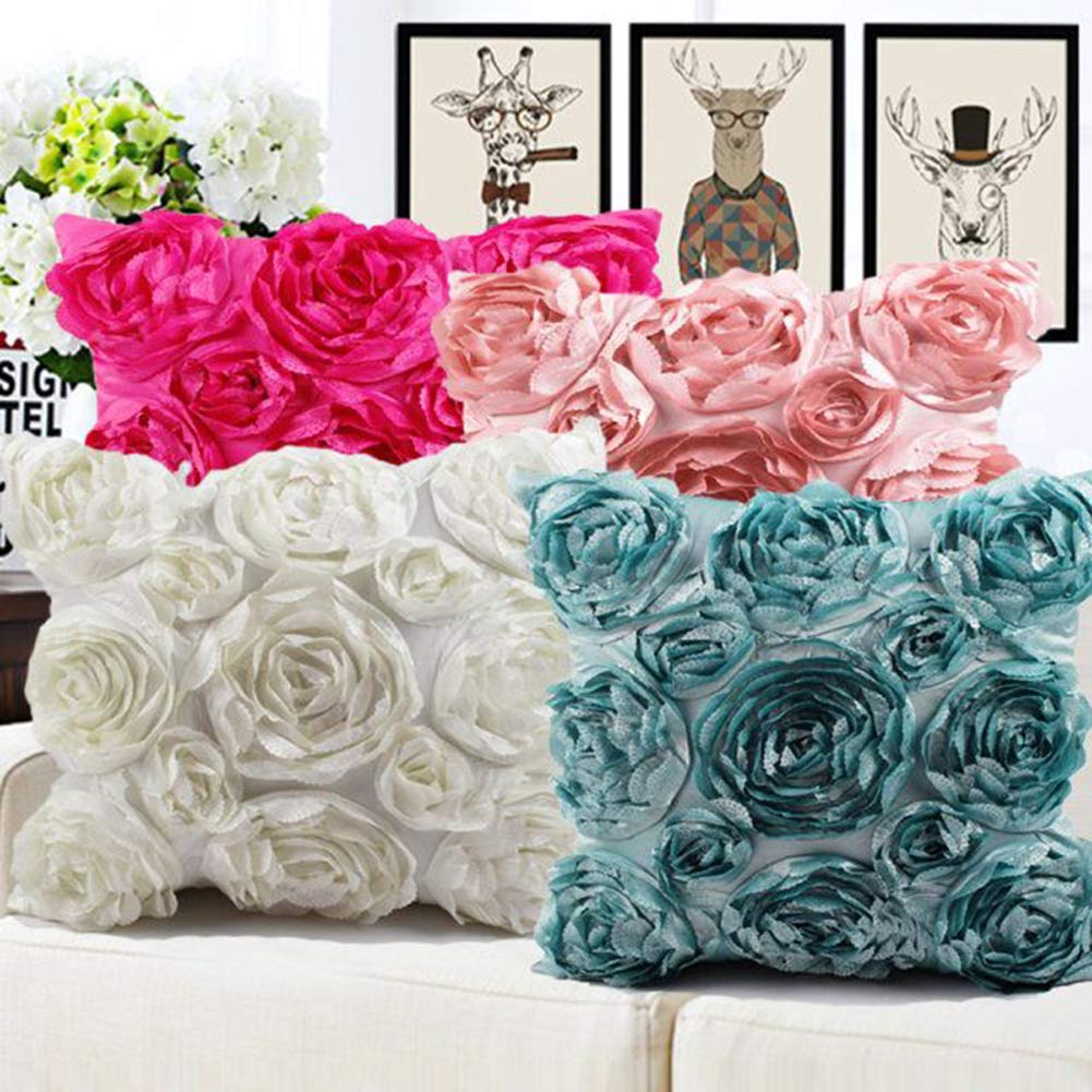 SeptCity Federe Cuscino Decorative 42x42 Cm - 2 Pezzi Raso Rosa Con Fiore 3D Romantico, Cuscini Divano
