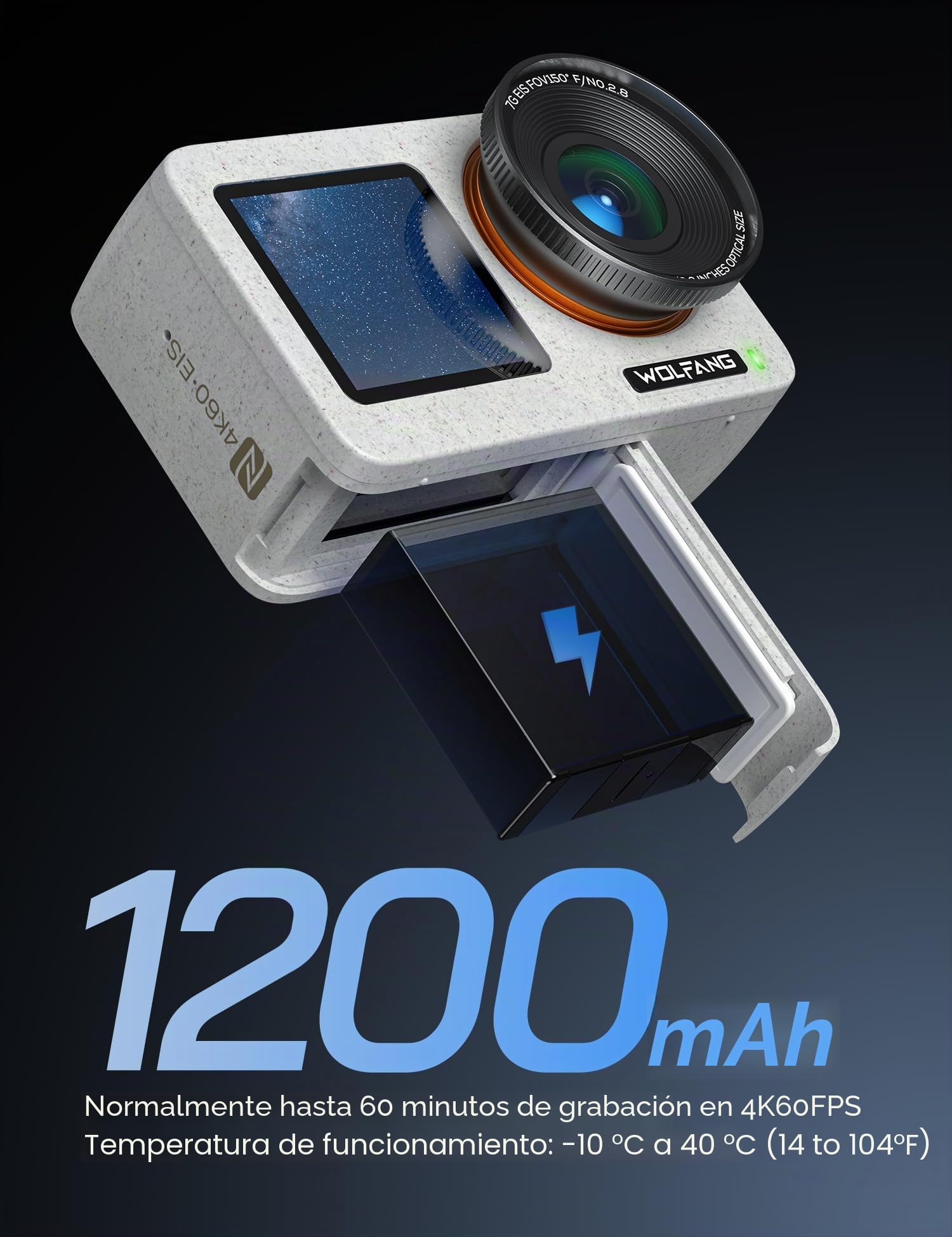 WOLFANG Seeker One Action CAM, 4K 60FPS Double écran Couleur, caméra Sous-Marine étanche de 16 Pieds, fov Ultra Large 150°, caméra Casque de Casque au ralenti 6X Avec stabilisation d'image GO Ape Tec