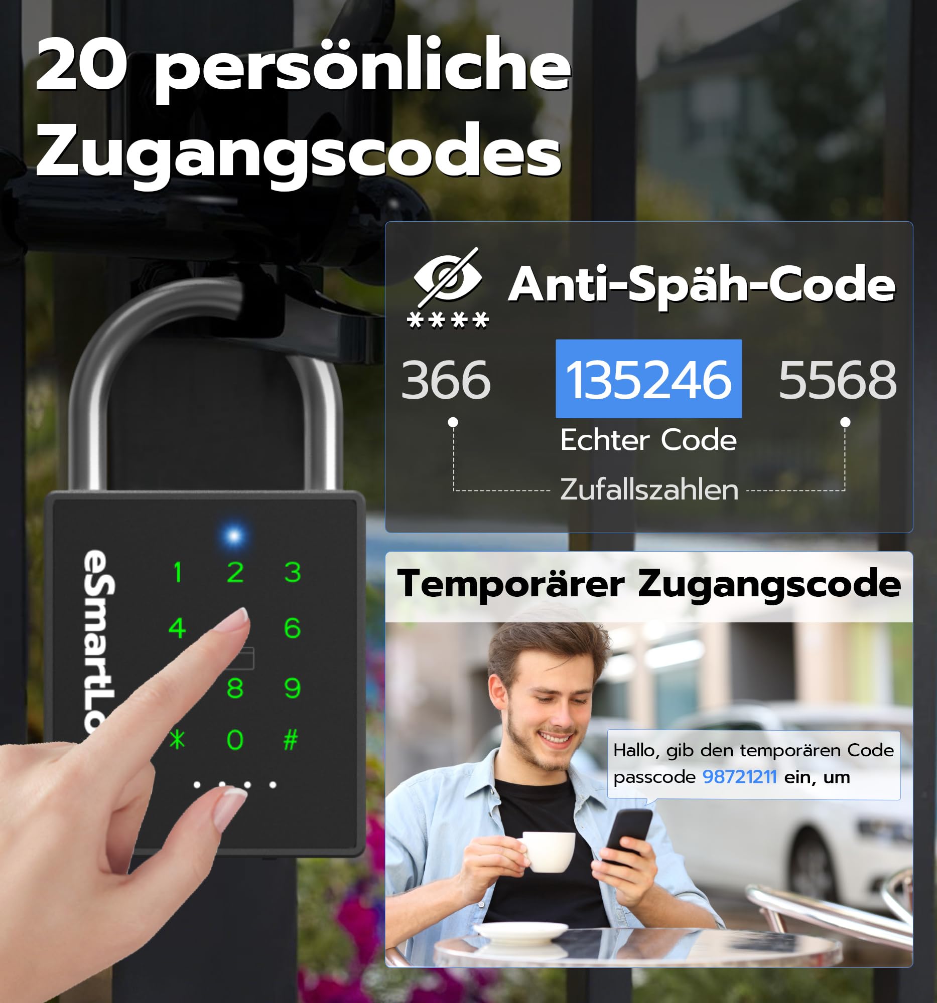 Smart Zahlenschloss Vorhängeschloss, Wetterfestes Vorhängeschloss Groß mit Schlüssel, Bluetooth Schloss mit Zahlencode RFID, IP68 Elektrisch Intelligentes Lock für Tür Garten Spind Keller