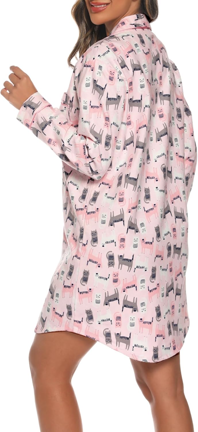 ENJOYNIGHT Women's Sleep Shirt Flannel Print Pajama Top Button-Front Nightshirt Sleepwear - Image 5