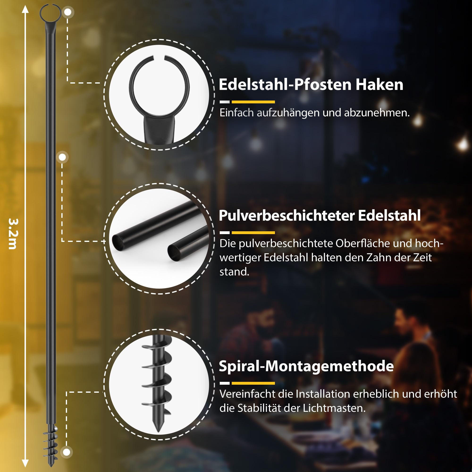 3,2M Metall String Light Poles 2 Pack für Außen – Lichterketten Stangen mit Spiral-Design, korrosionsbeständig & wetterfest für Terrasse, Garten, Party & Weihnachten, schwarz[Energieklasse A]