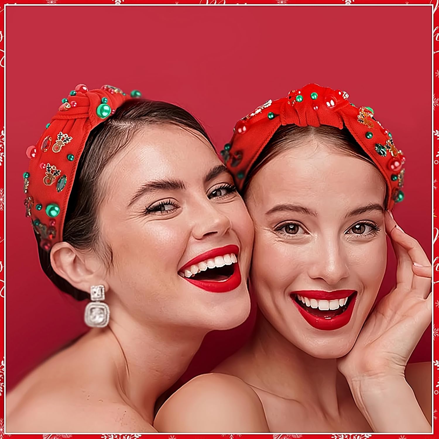 Christmas Headband for Women Pearl Knotted Headband Xmas Red Green Pearl Bow Reindeer Snowflake Rhinestone Crystal Jeweled Hairband Wide Top Knot Hair Bands (05.elk red, 1 Count (Pack of 1)) - Image 4