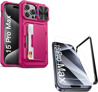 Vihibii for iPhone 15 Pro Max Case with Card Holder & Screen Protector [2 Pack] & Slide Camera Cover, Bulit-in HD Tempered Glass Film with Easy Installation Tool for iPhone 15 Pro Max 6.7" 2023, Pink