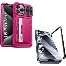 Vihibii for iPhone 15 Pro Max Case with Card Holder & Screen Protector [2 Pack] & Slide Camera Cover, Bulit-in HD Tempered Glass Film with Easy Installation Tool for iPhone 15 Pro Max 6.7" 2023, Pink