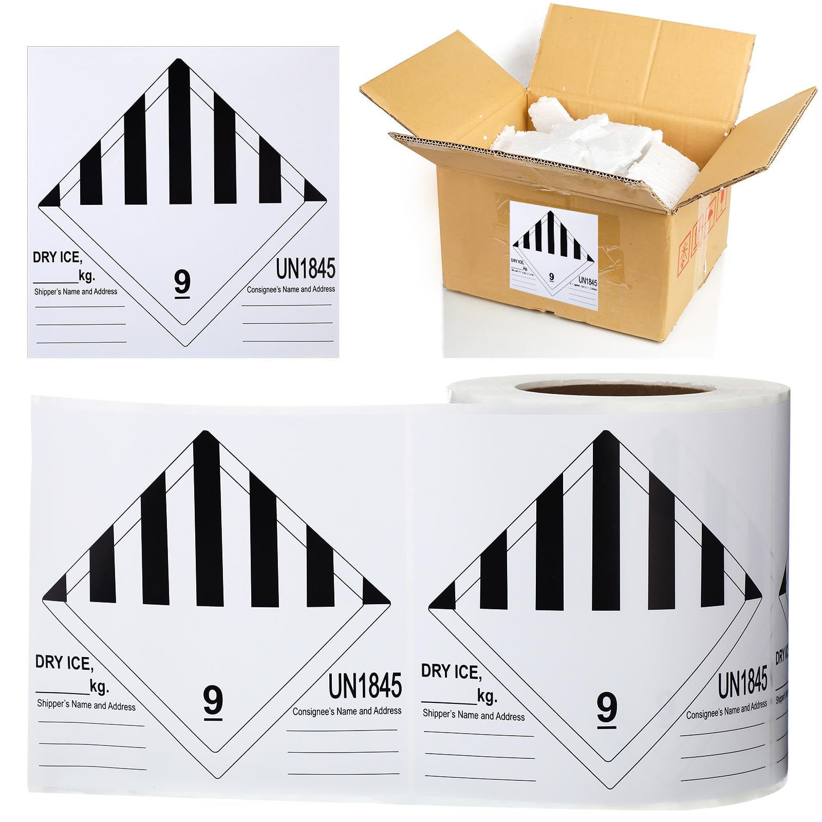 500 etiquetas de envío de hielo seco, 6 x 6 pulgadas, clase de peligro 9 UN1845, calcomanías de mercancías peligrosas para productos refrigerados y congelados enviados con hielo seco