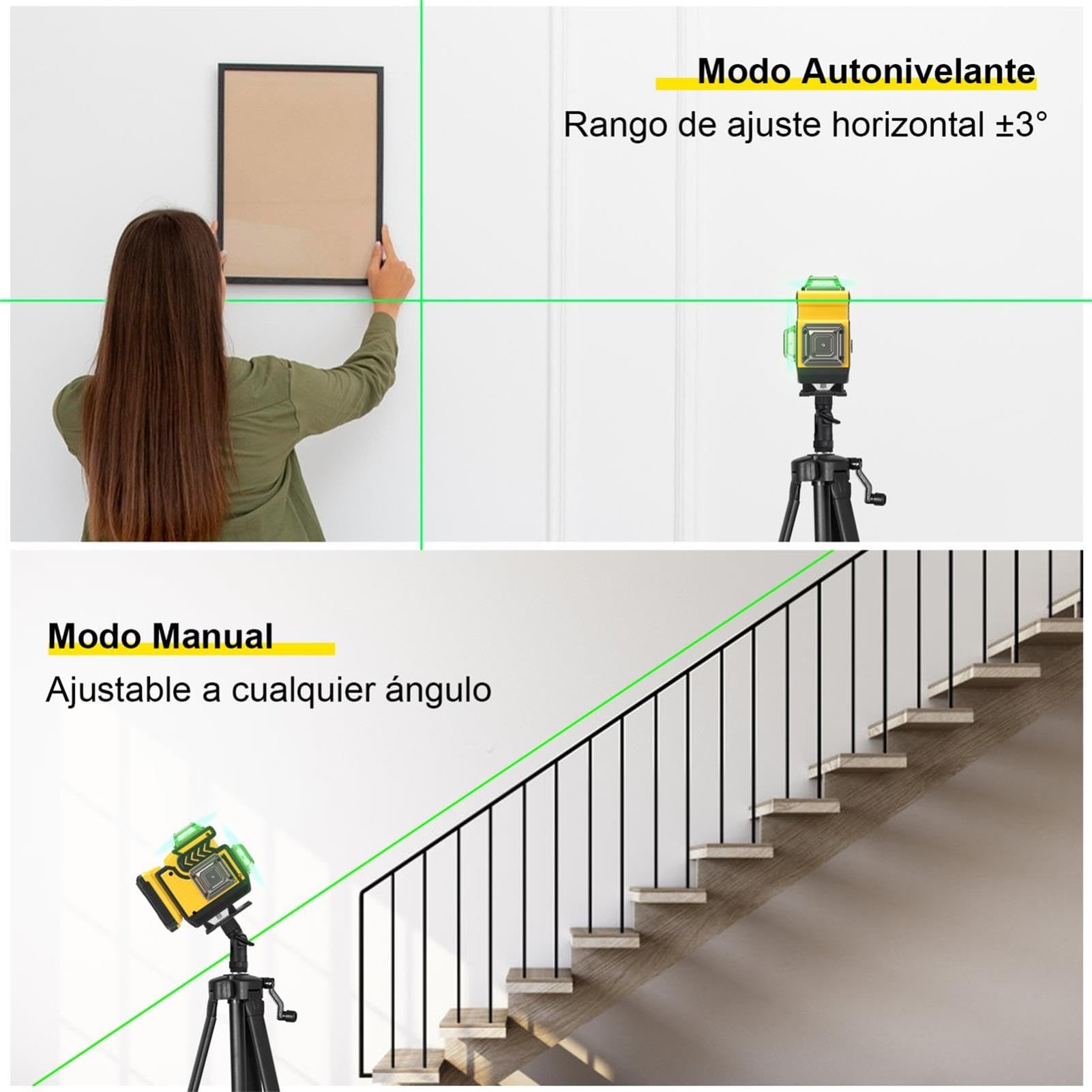 Nivel Laser Autonivelante 4 x 360° - cjumel 4D 16 líneas Verde Nivel Láser Multifuncional Laser Level con 1.6M Tripode, Mando a Distancia, 5400 mah Batería