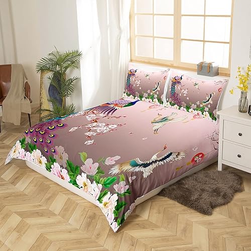 Miniatura 3 de Erosebridal Juego de funda de edredón de estilo japonés, decoración de flor de ciruelo, tamaño Queen, diseño floral de plumas de pavo real, diseño
