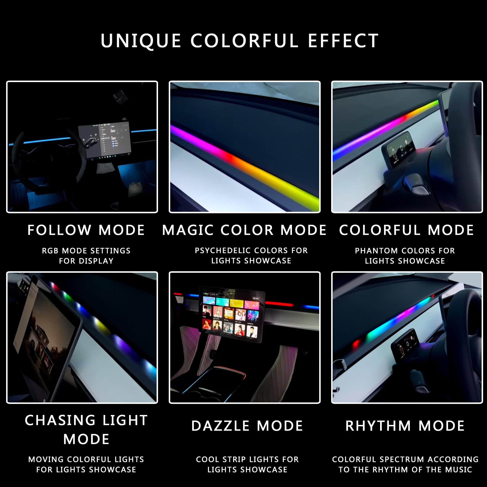 Neon Lights for Tesla Model Y/3 Interior Ambient Light with Unique Atmosphere Lighting 128RGB LED Color (Dashboard)