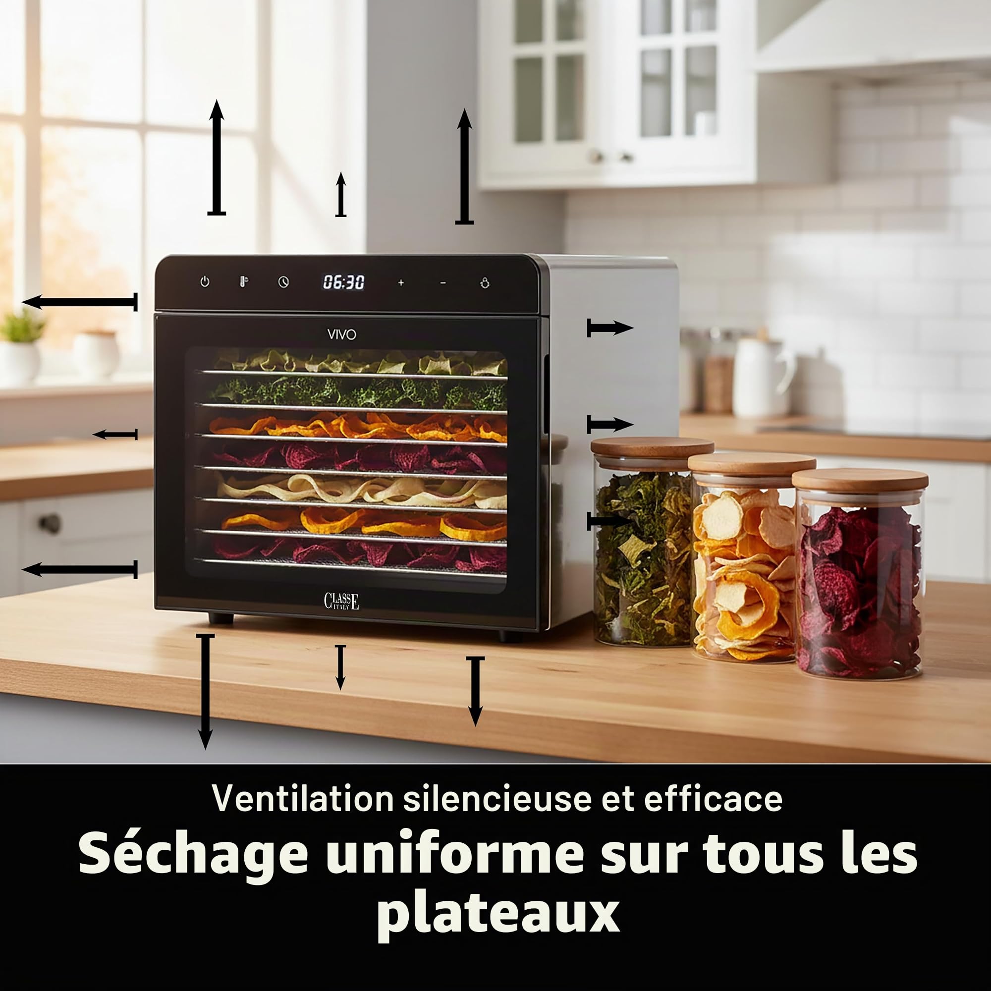 CLASSE ITALY Déshydrateur alimentaire à faible consommation, 8 plateaux en acier SUS 304, 700 W, GARANTIE 5 ANS, température réglable de 35 à 85 °C, minuterie 24 heures, sans BPA