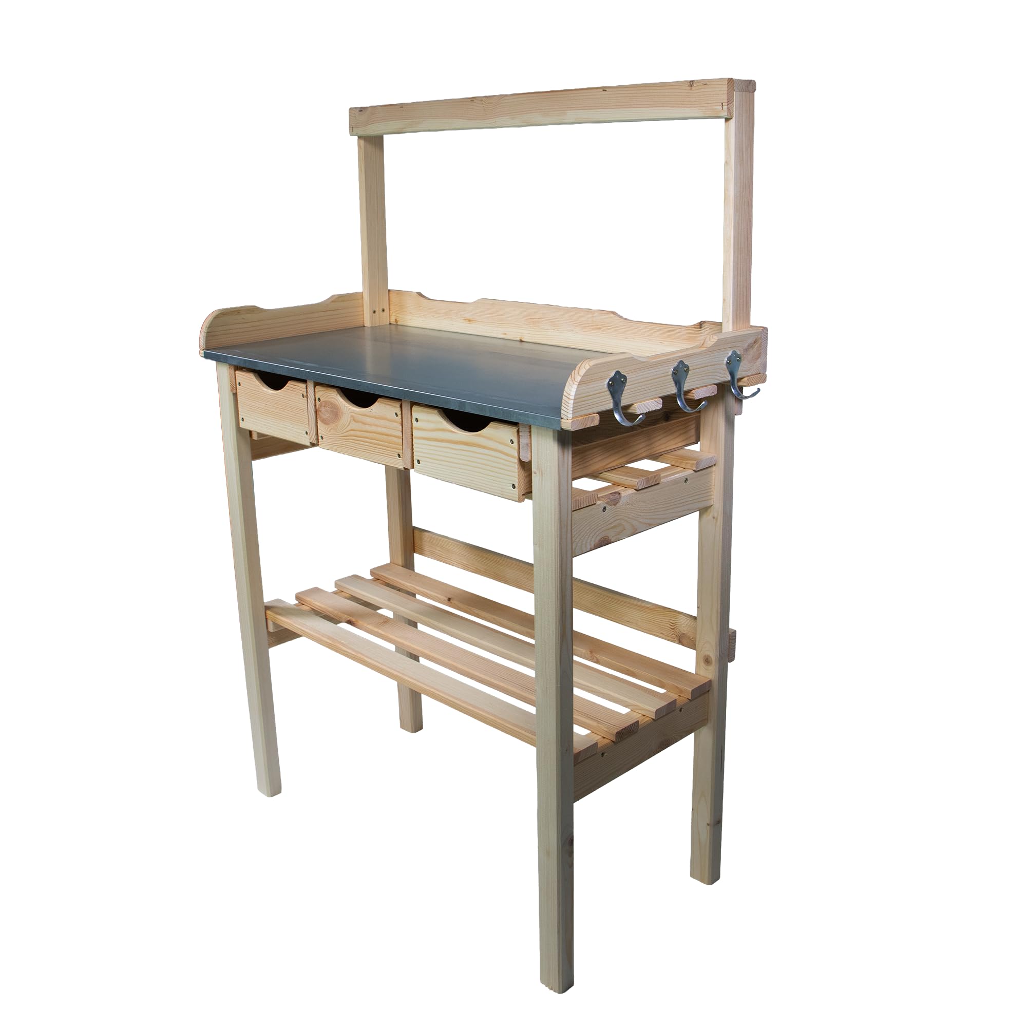 mgc24® Table de jardinage avec plan de travail galvanisé | 80 x 40 x 117 cm | bois de pin naturel | avec plateau + 3 tiroirs + montant supérieur