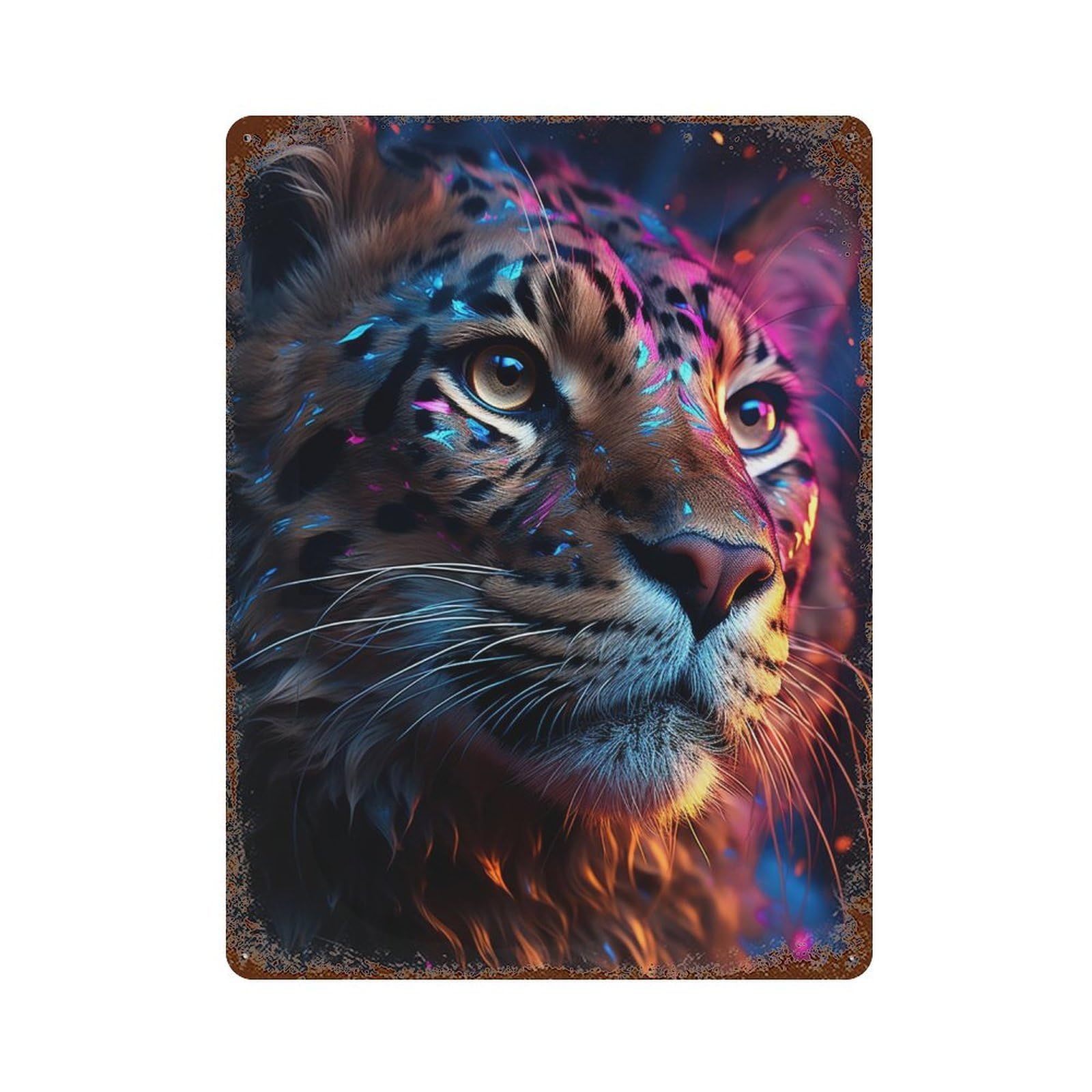 Neon Leopard Portrait-1 15.7"x11.8" Vintage Rust Metal Sign, Shabby Chic Decor for Cafe, Home Bar And Lounge Decor