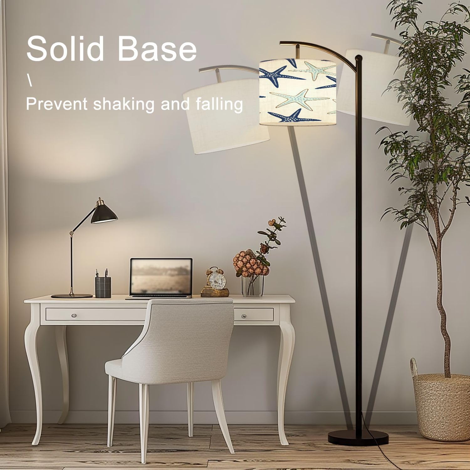 Arc Floor Lamp Coastal nautical starfish repeat pattern Navy blue turquoise white Modern Tall Standing Lamp Dimmable with Remote Adjustable Drum Shade Footswitch for Living Room Bedroom Office