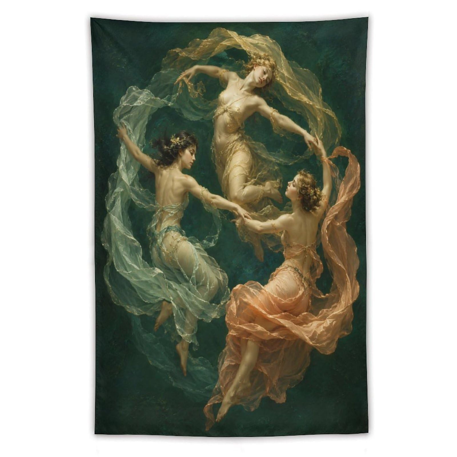 H3B8U2Y5 Three Nymphs Forest Dance Wall Tapestry, Surrealist, Green Mythic