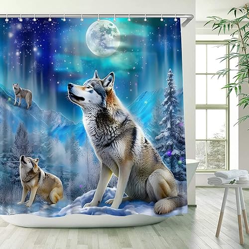 Miniatura 2 de Cortina de ducha de lobo, bosque de invierno, aullando bajo luna llena, pino, montaña nevada, vida silvestre, Navidad, decoración de baño, cortinas