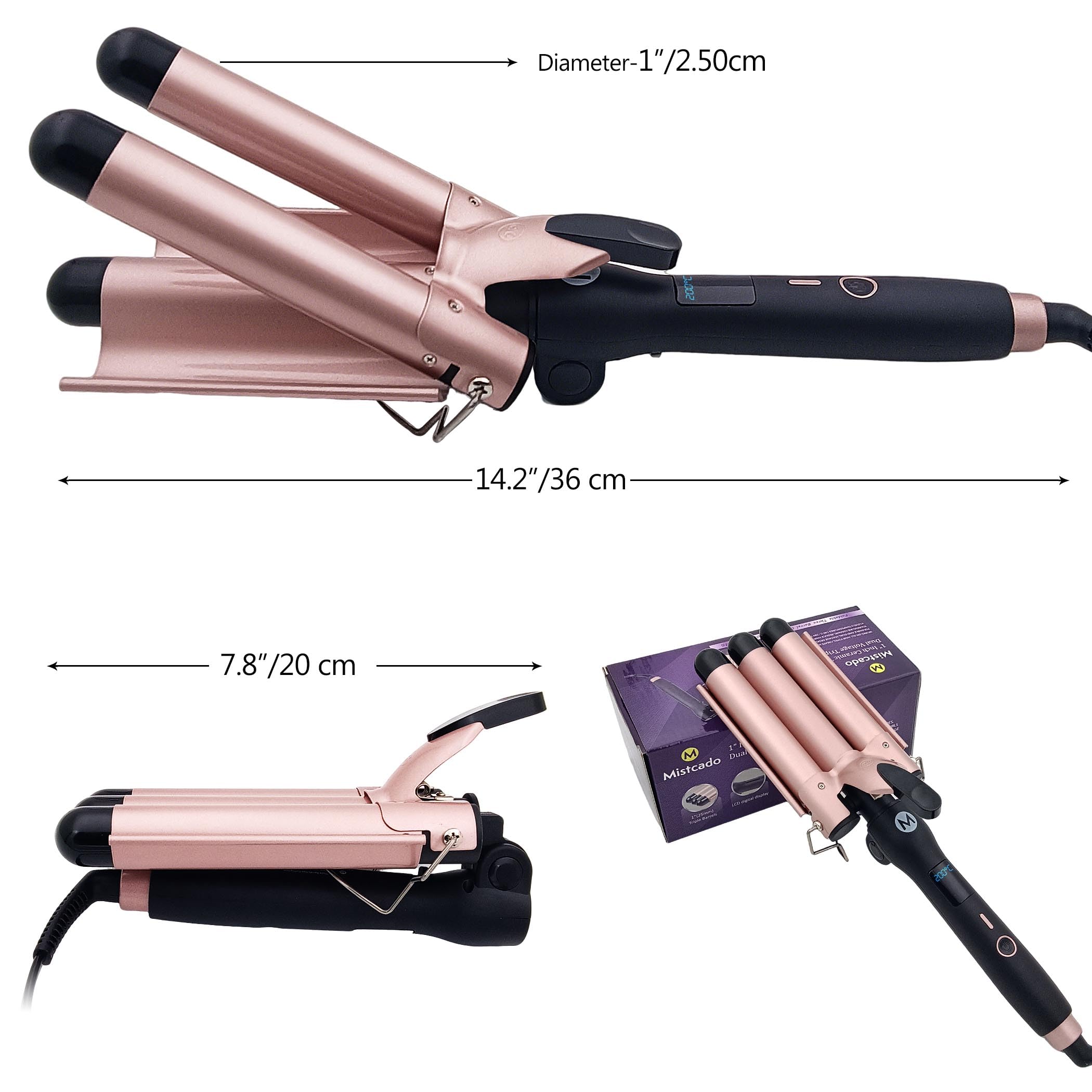 Rizador de pelo de tres barriles Mistcado, plancha de pelo ondulada de cerámica y turmalina de 25 mm con pantalla LCD para la temperatura, placa de flexión de calentamiento rápido y plegable