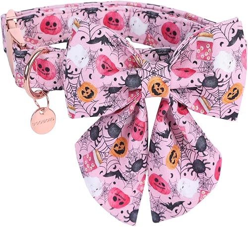 DOGWONG Collar de perro rosa otoñal con corbata de moño  Collar de perro de Halloween de algodón suave para perro mascota hembra collar para